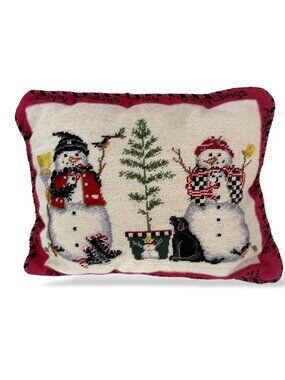 Snowmen Needlepoint Pillow Whimsical Christmas Holiday Decor 15x19 Zip Cover